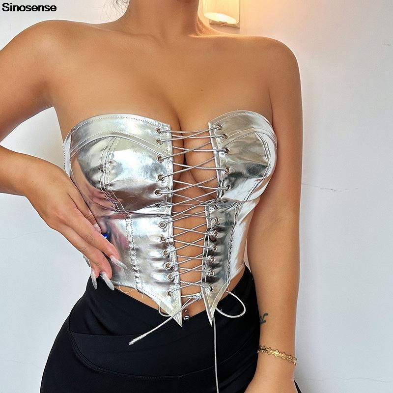Women PU Leather Bustier Crop  - Strapless Bra Backless review and price